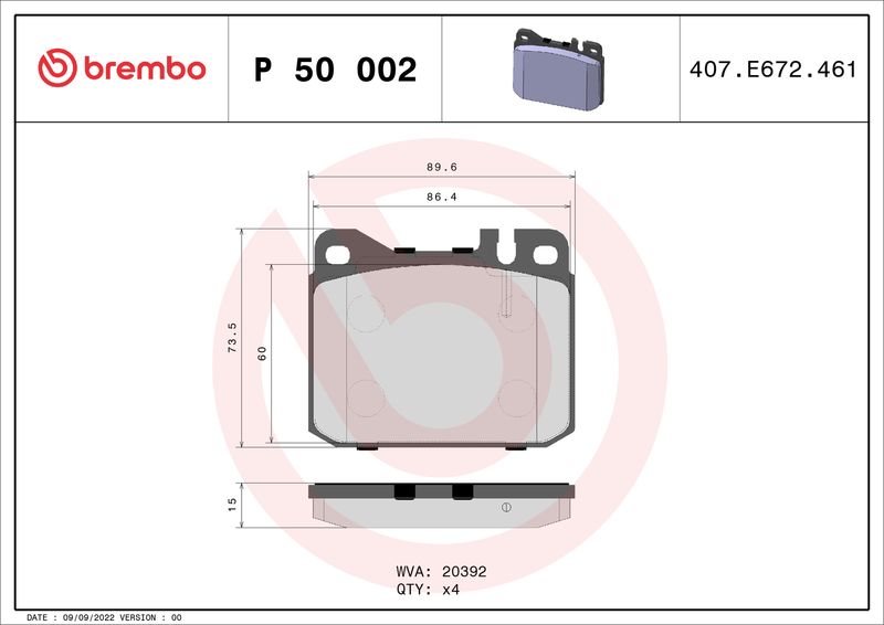 Комплект тормозных колодок, дисковый тормоз BREMBO P50002