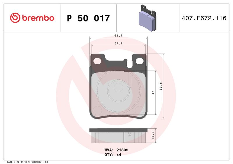 Комплект тормозных колодок, дисковый тормоз BREMBO P50017