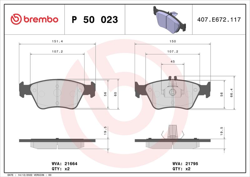 Комплект тормозных колодок, дисковый тормоз BREMBO P50023