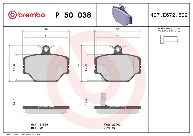 Комплект тормозных колодок, дисковый тормоз BREMBO P50038