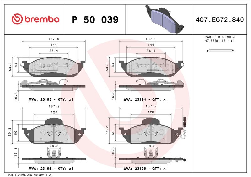 Комплект тормозных колодок, дисковый тормоз BREMBO P50039