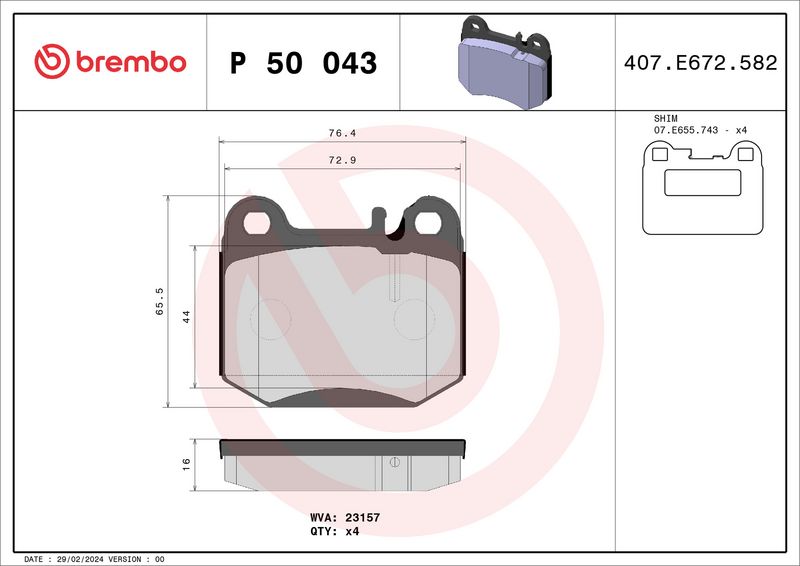 Комплект тормозных колодок, дисковый тормоз BREMBO P50043