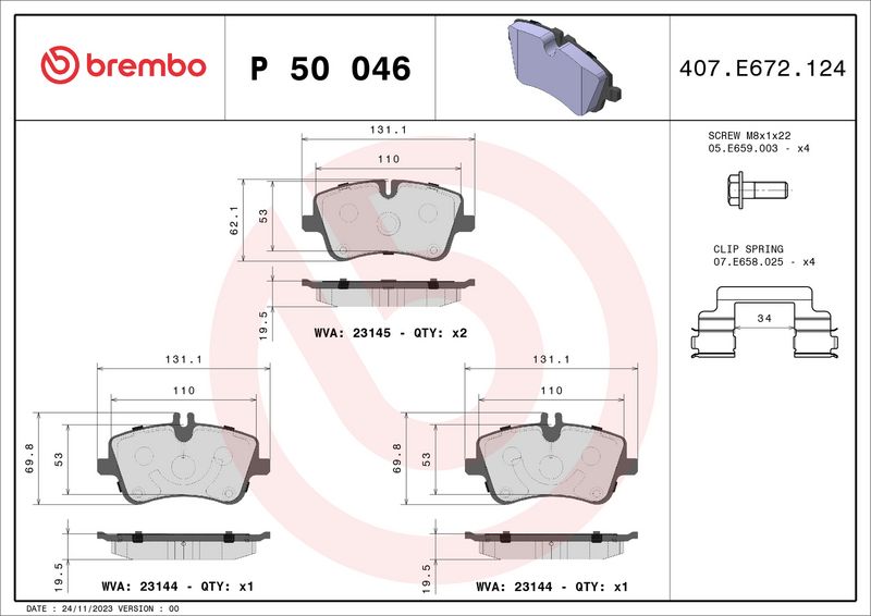 Комплект тормозных колодок, дисковый тормоз BREMBO P50046