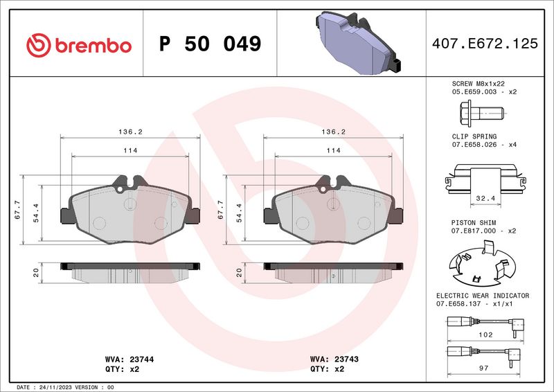 Комплект тормозных колодок, дисковый тормоз BREMBO P50049
