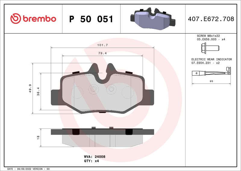 Комплект тормозных колодок, дисковый тормоз BREMBO P50051