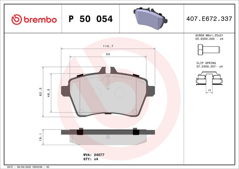 Комплект тормозных колодок, дисковый тормоз BREMBO P50054