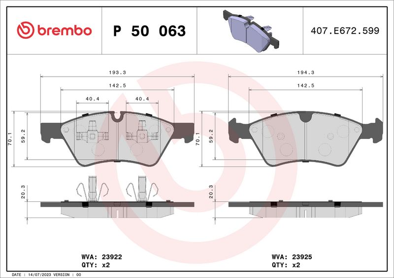 Комплект тормозных колодок, дисковый тормоз BREMBO P50063
