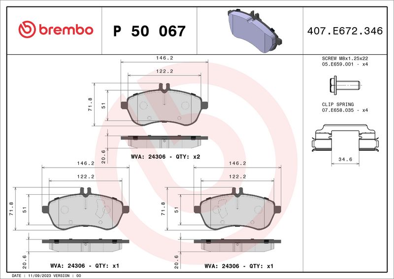 Комплект тормозных колодок, дисковый тормоз BREMBO P50067