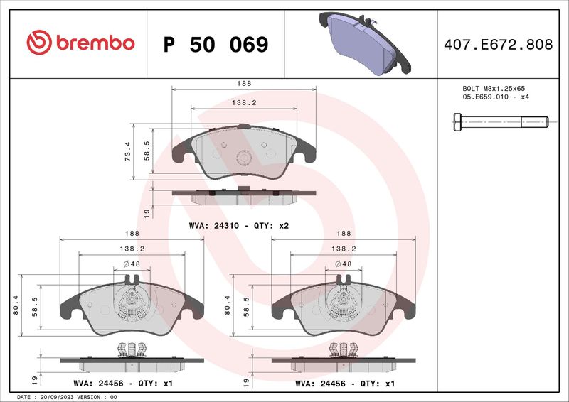 Комплект тормозных колодок, дисковый тормоз BREMBO P50069