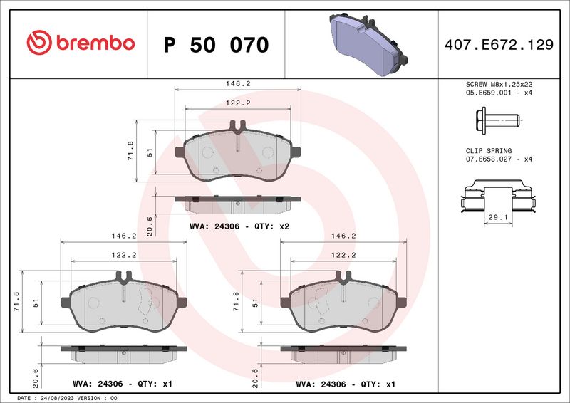 Комплект тормозных колодок, дисковый тормоз BREMBO P50070