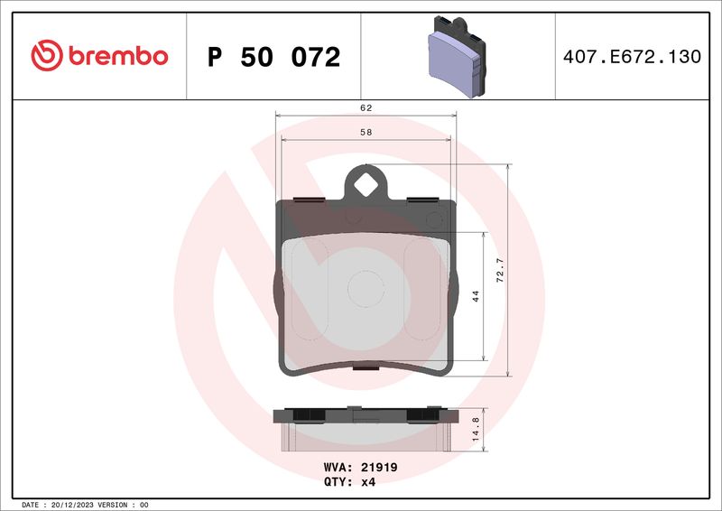 Комплект тормозных колодок, дисковый тормоз BREMBO P50072