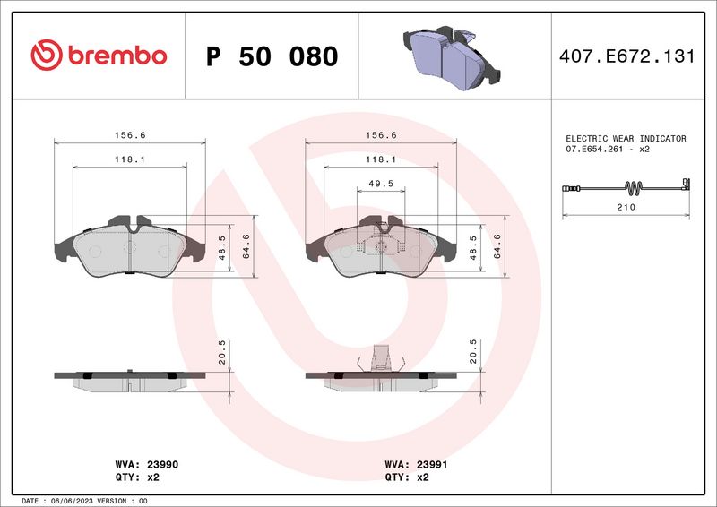 Комплект тормозных колодок, дисковый тормоз BREMBO P50080