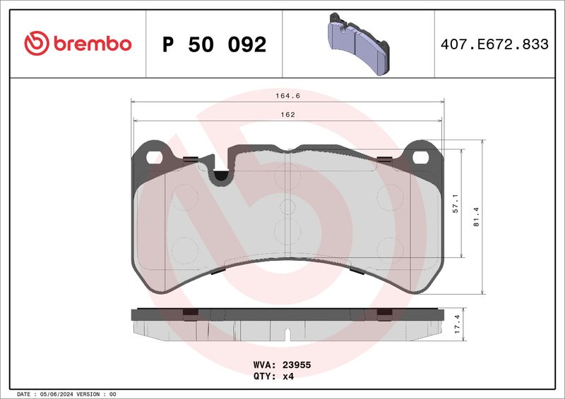 Комплект тормозных колодок, дисковый тормоз BREMBO P50092