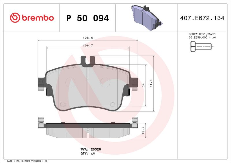 Комплект тормозных колодок, дисковый тормоз BREMBO P50094