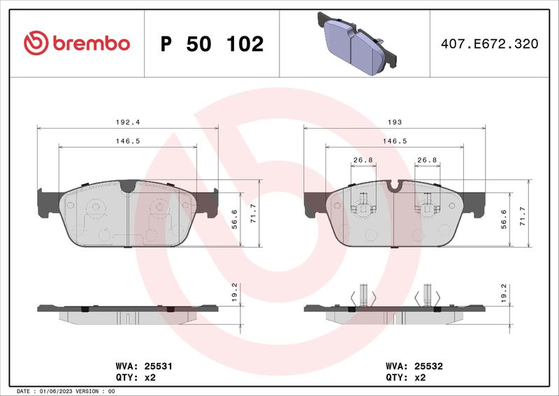 Комплект тормозных колодок, дисковый тормоз BREMBO P50102
