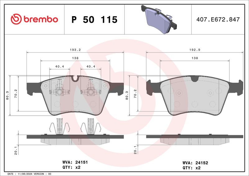 Комплект тормозных колодок, дисковый тормоз BREMBO P50115