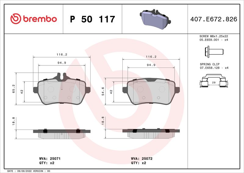 Комплект тормозных колодок, дисковый тормоз BREMBO P50117