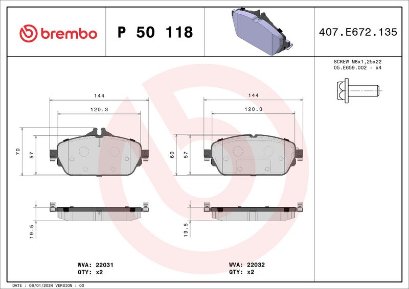 Комплект тормозных колодок, дисковый тормоз BREMBO P50118