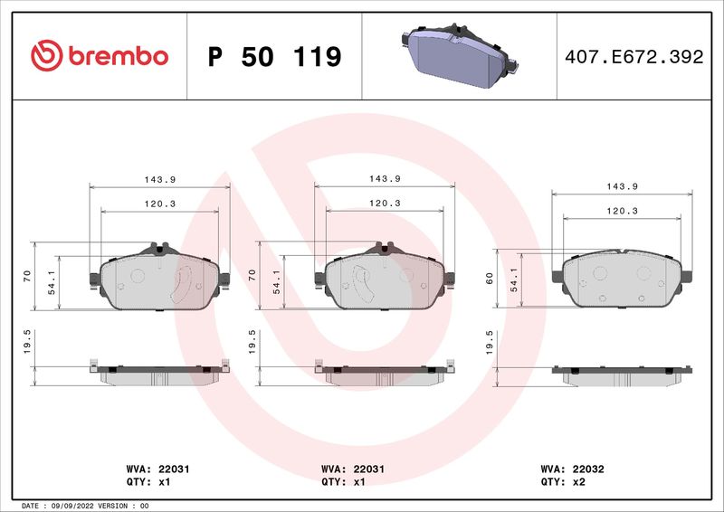 Комплект тормозных колодок, дисковый тормоз BREMBO P50119