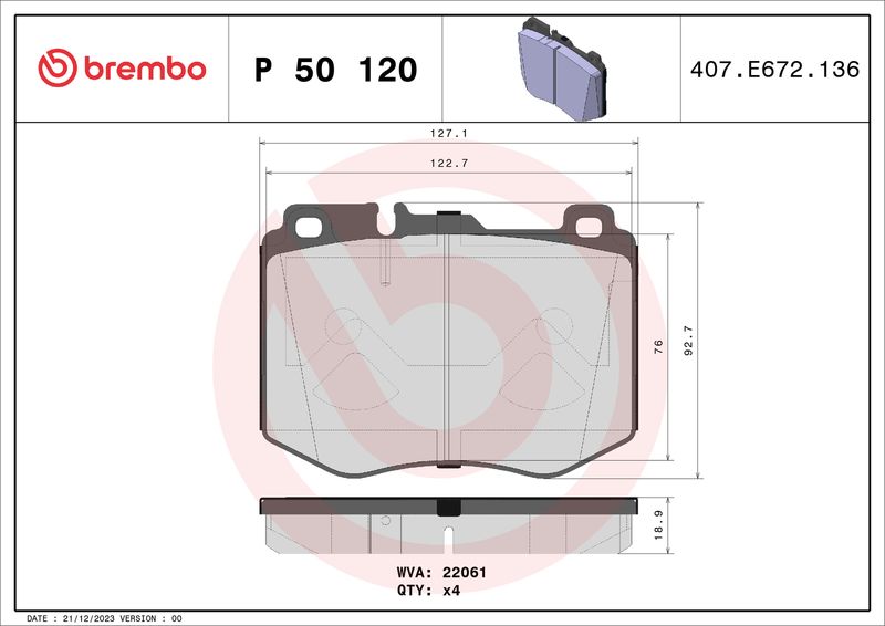Комплект тормозных колодок, дисковый тормоз BREMBO P50120