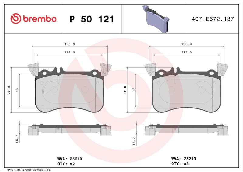 Комплект тормозных колодок, дисковый тормоз BREMBO P50121