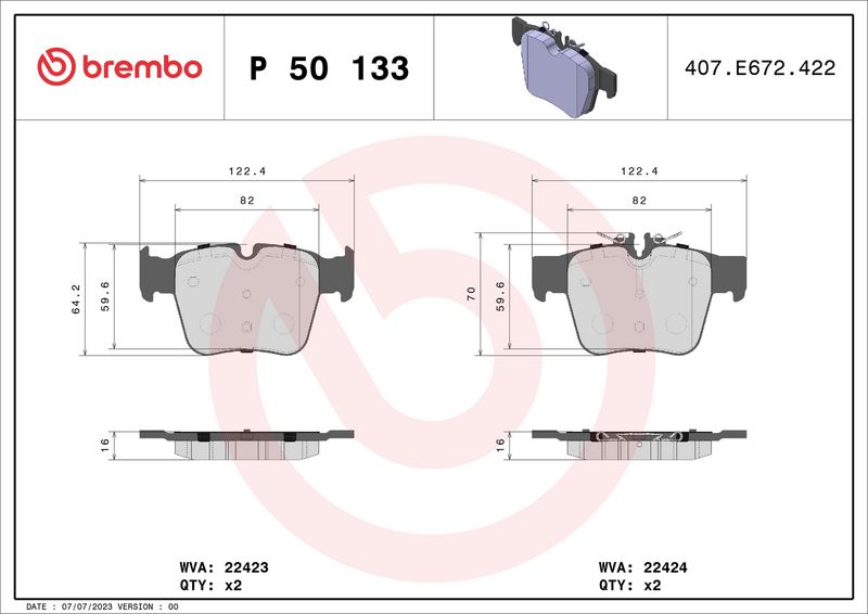 Комплект тормозных колодок, дисковый тормоз BREMBO P50133