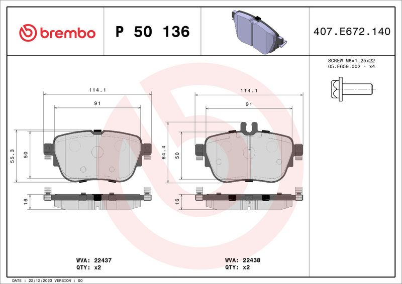 Комплект тормозных колодок, дисковый тормоз BREMBO P50136