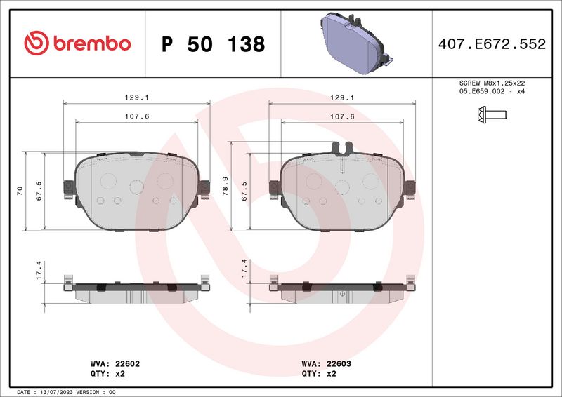 Комплект тормозных колодок, дисковый тормоз BREMBO P50138