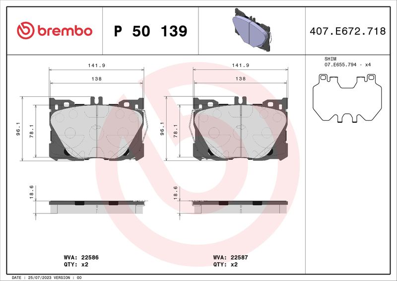 Комплект тормозных колодок, дисковый тормоз BREMBO P50139