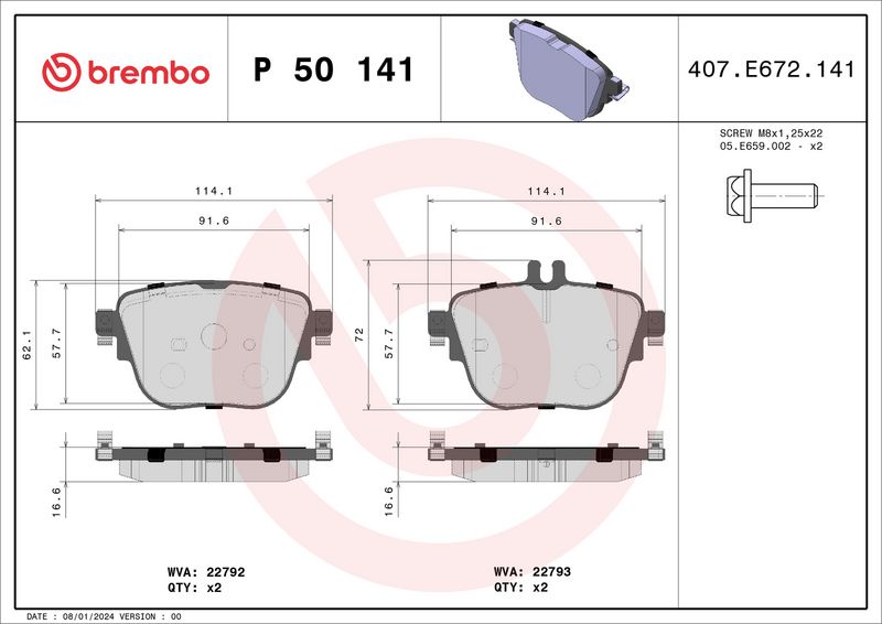 Комплект тормозных колодок, дисковый тормоз BREMBO P50141