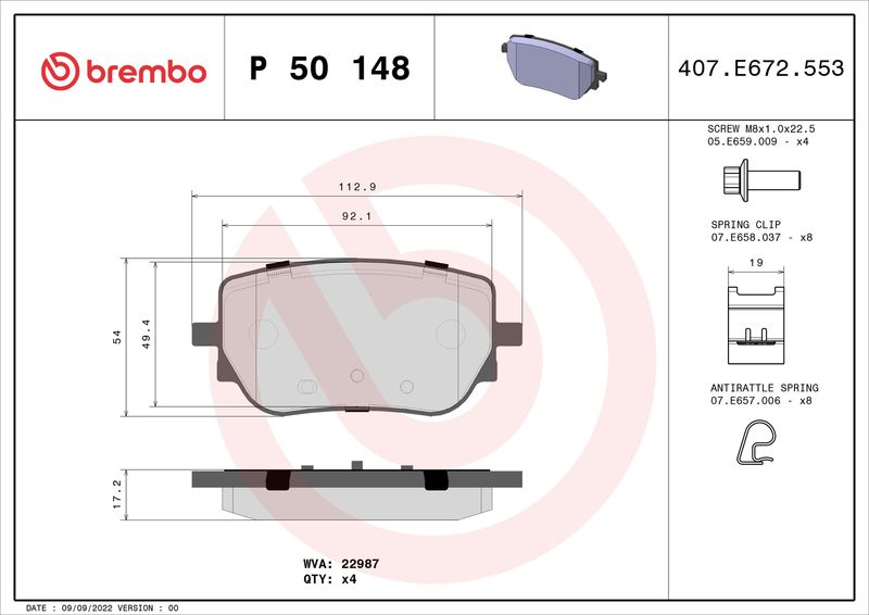 Комплект тормозных колодок, дисковый тормоз BREMBO P50148