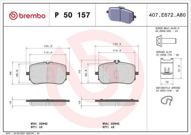 Комплект тормозных колодок, дисковый тормоз BREMBO P50157