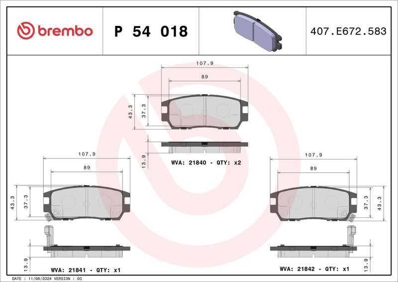 Комплект тормозных колодок, дисковый тормоз BREMBO P54018