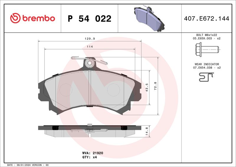 Комплект тормозных колодок, дисковый тормоз BREMBO P54022