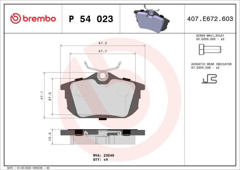 Комплект тормозных колодок, дисковый тормоз BREMBO P54023