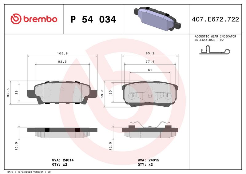 Комплект тормозных колодок, дисковый тормоз BREMBO P54034