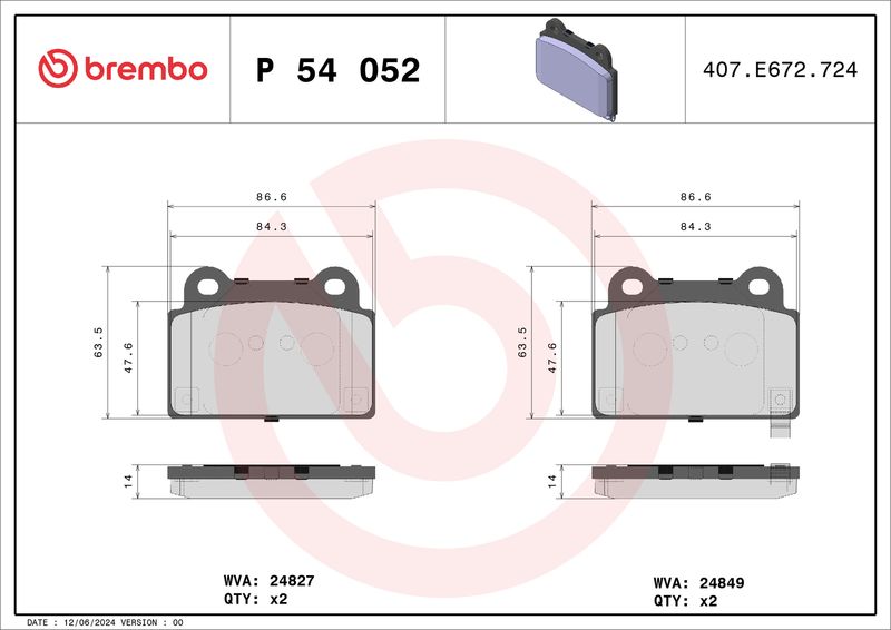 Комплект тормозных колодок, дисковый тормоз BREMBO P54052