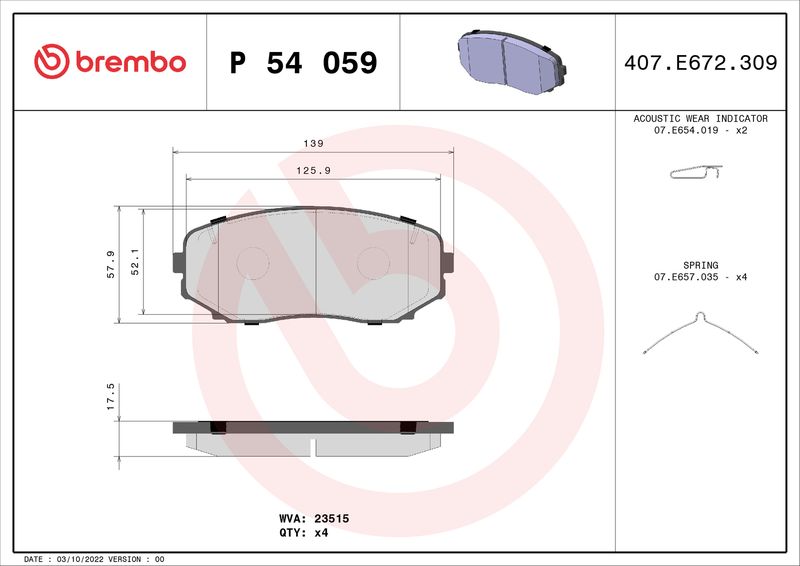 Комплект тормозных колодок, дисковый тормоз BREMBO P54059