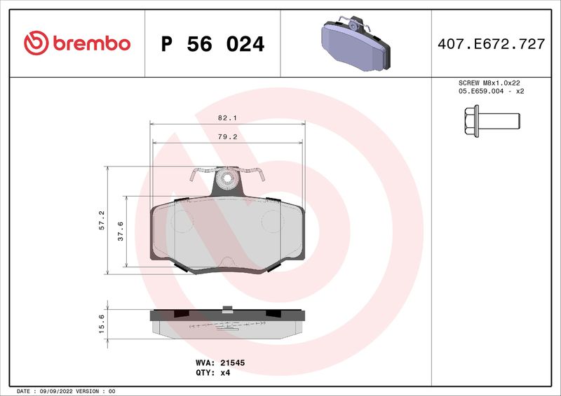 Комплект тормозных колодок, дисковый тормоз BREMBO P56024