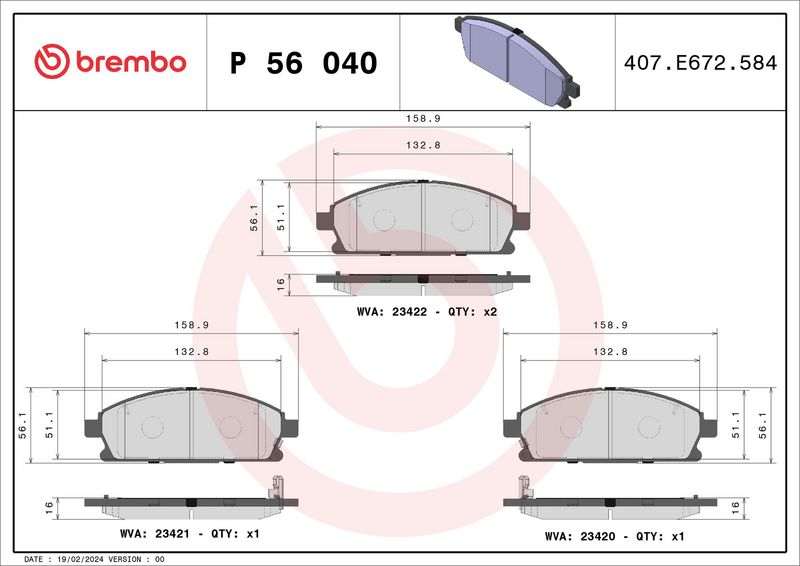 Комплект тормозных колодок, дисковый тормоз BREMBO P56040