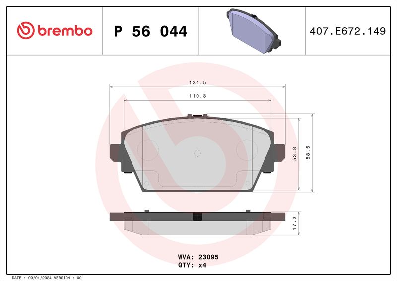 Комплект тормозных колодок, дисковый тормоз BREMBO P56044