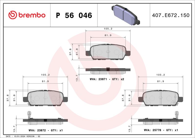 Комплект тормозных колодок, дисковый тормоз BREMBO P56046