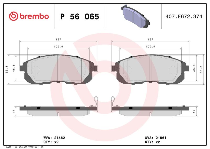 Комплект тормозных колодок, дисковый тормоз BREMBO P56065