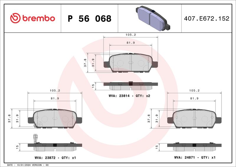 Комплект тормозных колодок, дисковый тормоз BREMBO P56068