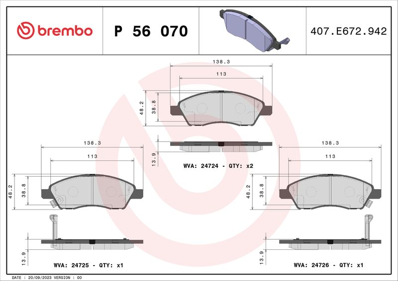 Комплект тормозных колодок, дисковый тормоз BREMBO P56070