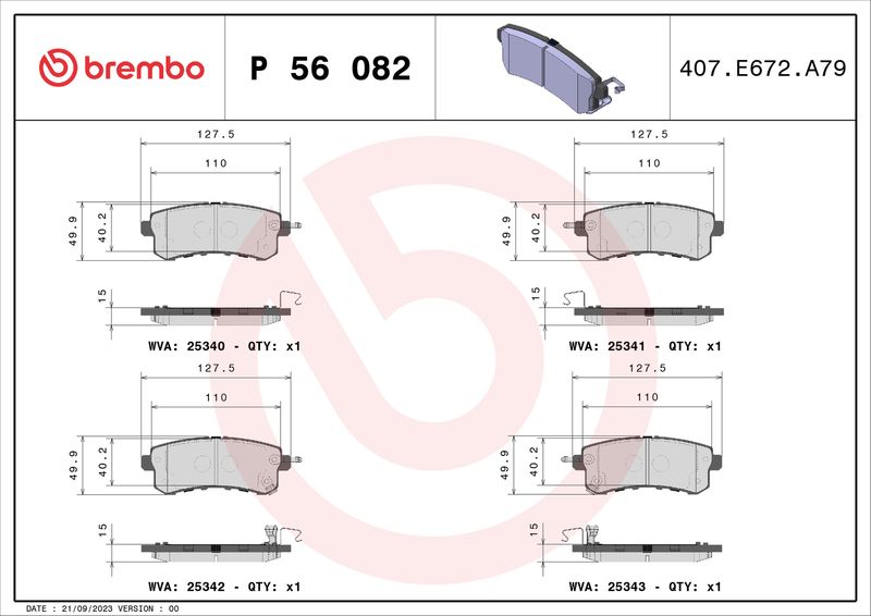Комплект тормозных колодок, дисковый тормоз BREMBO P56082