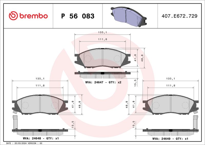 Комплект тормозных колодок, дисковый тормоз BREMBO P56083