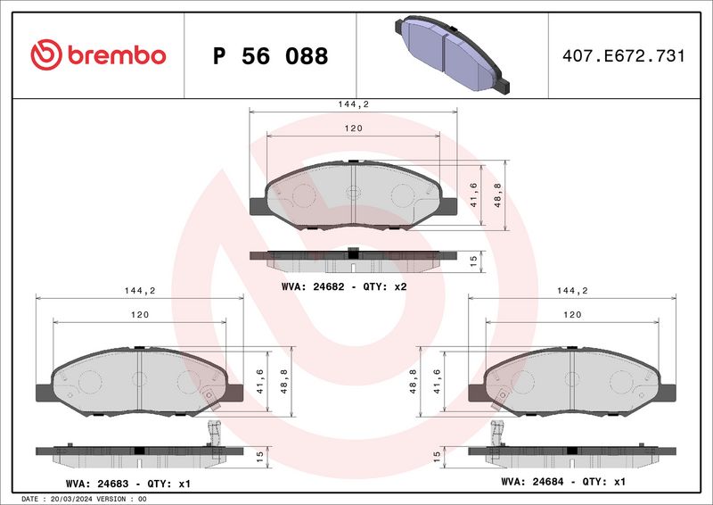 Комплект тормозных колодок, дисковый тормоз BREMBO P56088
