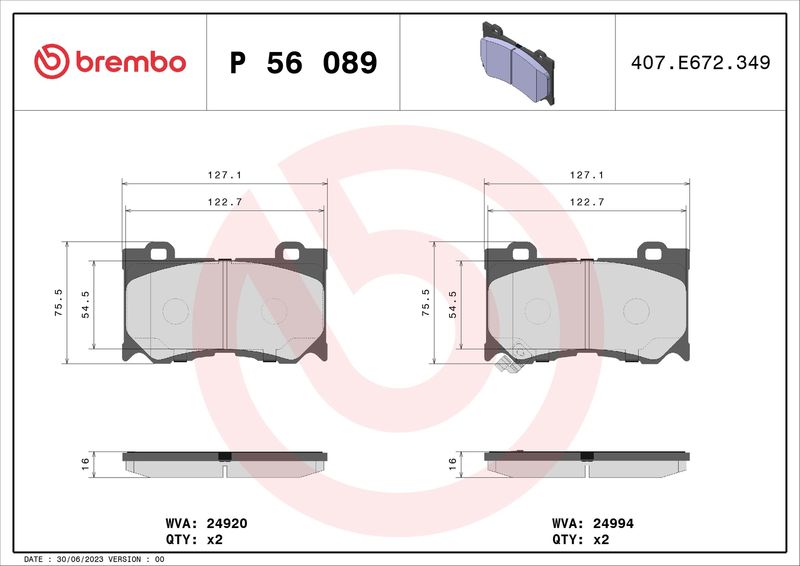 Комплект тормозных колодок, дисковый тормоз BREMBO P56089
