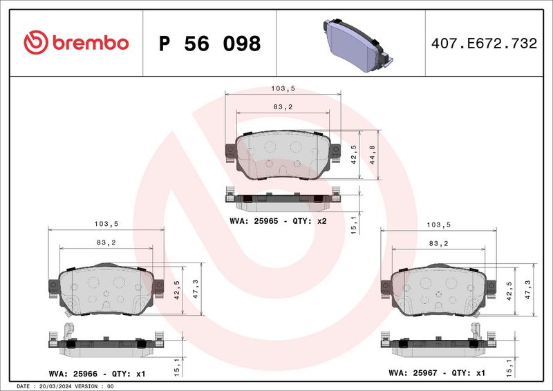 Комплект тормозных колодок, дисковый тормоз BREMBO P56098